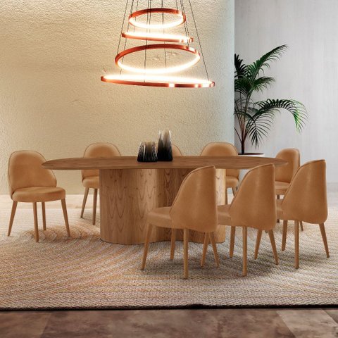 Mesa de Jantar Suiça 220cm Madeira Tampo Laminado Orgânico com 8 Cadeiras Suiça