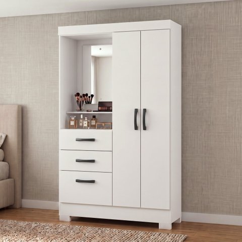 Guarda-Roupa Solteiro Capelinha com Espelho 2 Portas, 2 Gavetas e Pés Venerabile Branco