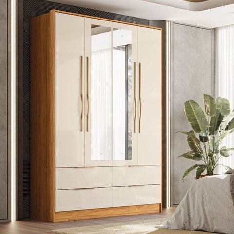 Guarda-Roupa Casal 4 Portas 4 Gavetas com Espelho Domo Amarelo/Cinamon/Off White