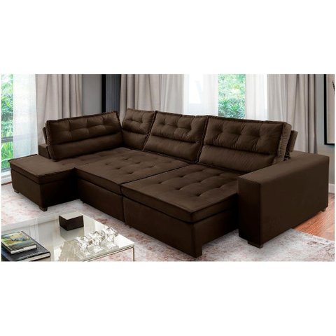 Sofá de Canto Retrátil e Reclinável com Molas 3,40x2,00 Esq Virginia Suede Marrom Adonai