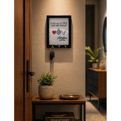 Quadro Porta-chaves Sal Grosso Livrai-me do Mal Proteção Fé 15x20