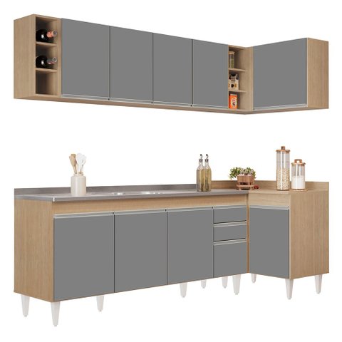 Armário de Cozinha Modulado de Canto Esquerdo 5 Peças Cp54 com Pia Inox Castanho/cinza - Lumil Lumil