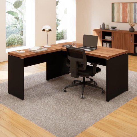 Mesa de Escritório 40mm em L Pés Painel F5 Office Cor:Nogal com Preto