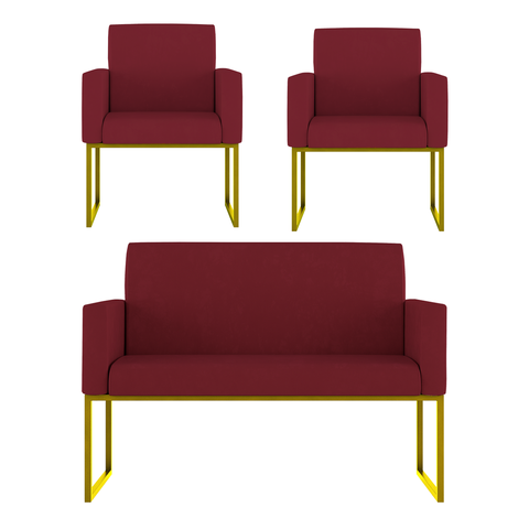 Kit Sofá 2 Lugares + 2 Poltronas Recepção Sala Base Dourada Cor:marsala