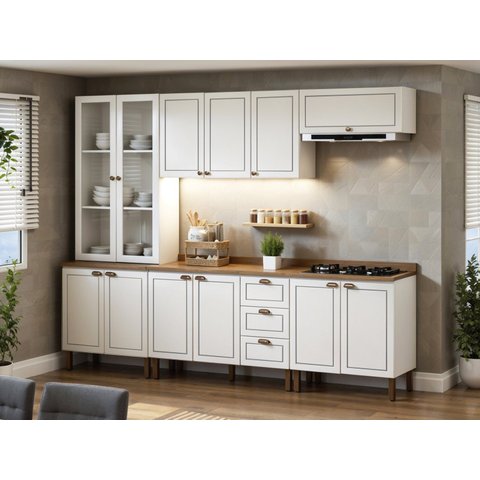 Cozinha Modulada Completa 5 Peças com Tampos Americana Portas em MDF Branca Frisado