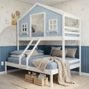 Ver imagem 2 de Beliche Casal/ Solteiro Casinha Dos Sonhos Madeira Maciça Branco/ Azul Housin