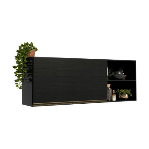 Armário de Cozinha Aéreo com 2 Portas e Nichos 150cm Florença Multimóveis MP2436 Preto