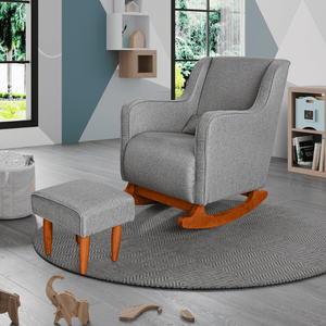 Poltrona Amamentação C / Balanço Cadeira Descanso Aquila com Puff Linho Cinza