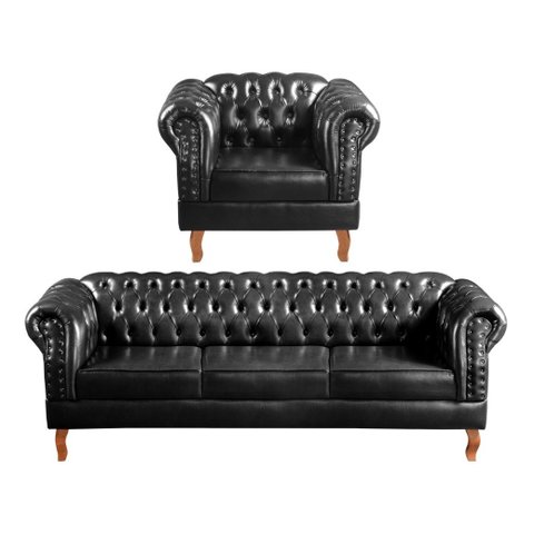 Conjunto Sofá 3 Lugares E Poltrona Dom Pedro Chesterfield Capitonê - Couríssimo Preto