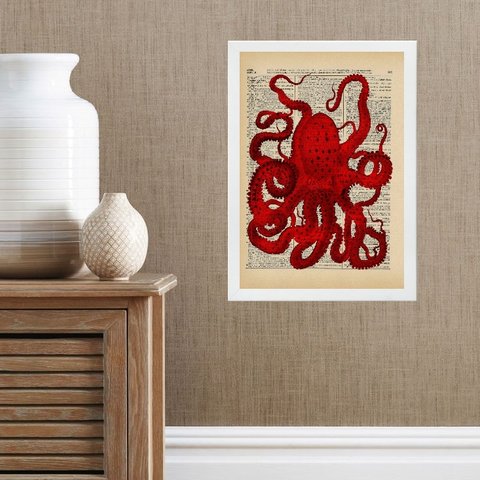 Quadro Casa de Praia- Polvo Vermelho 45x34cm - com Vidro:madeira Branca