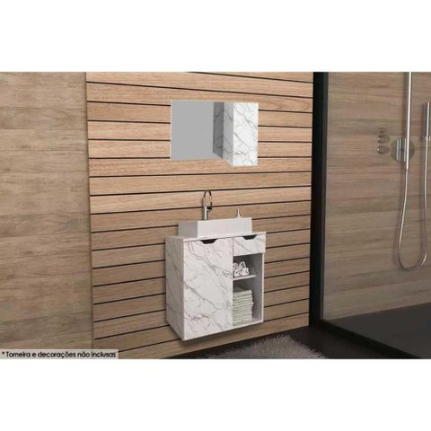 Armário C/ Balcão Banheiro Suspenso Bn3605 Cuba Bn3600 60cm e Espelho Bn3602 Mármore Branco -