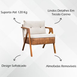 Kit 2 Poltronas Laura Moderna Corino e Linho Cores Pé Castanho - 8