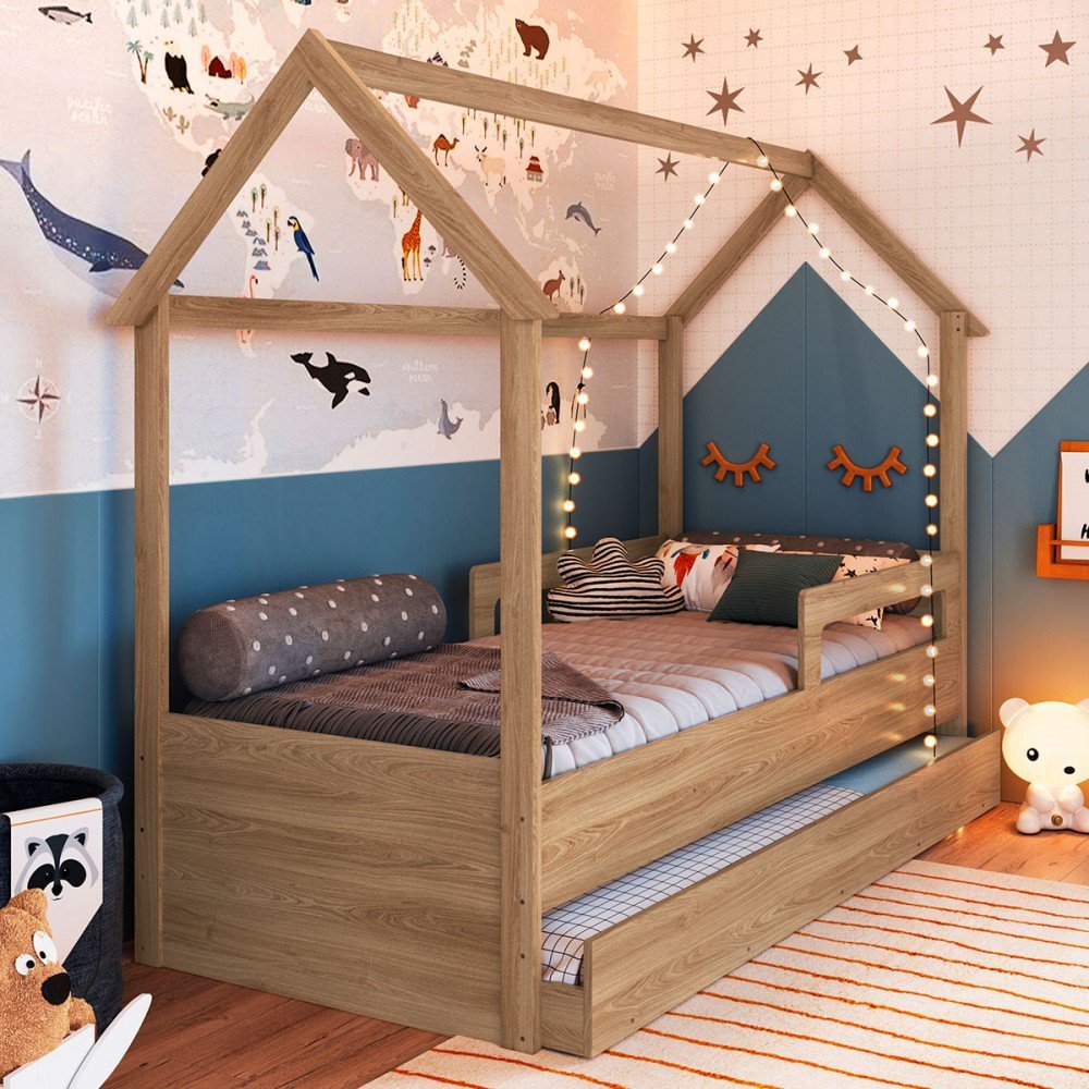 Cama Infantil Montessoriana sem Colchão com Cama Auxiliar Linha Infanto Aveiro Oak Ccm020 Completa M