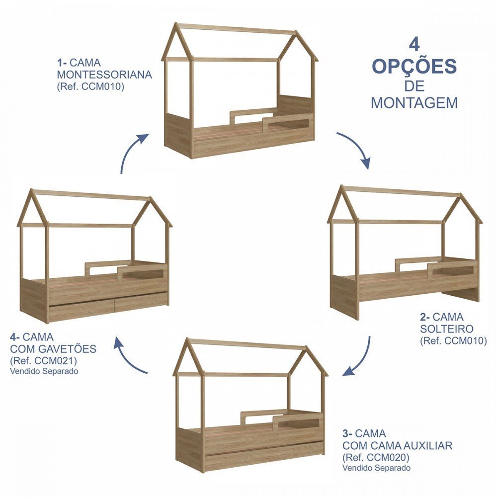 Cama Infantil Montessoriana sem Colchão com Cama Auxiliar Linha Infanto Aveiro Oak Ccm020 Completa M - 3