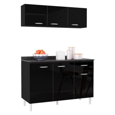 Balcão de Cozinha com Tampo e Armário Aéreo 120 Cm Preto – Poquema