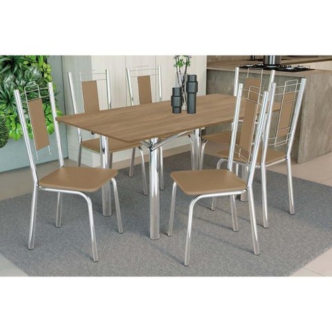Conjunto: Mesa Sala Jantar Elba C/ Tampo de Madeira 160cm e 6 Cadeiras Florença Cromada/nogueira -