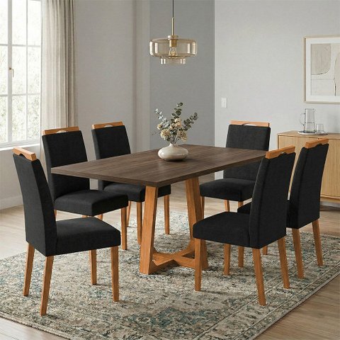 Conjunto Mesa Jantar Julia 1,6m Freijó Pés Cerejeira 6 Cadeiras Heloísa Almofadada - Preto Linho
