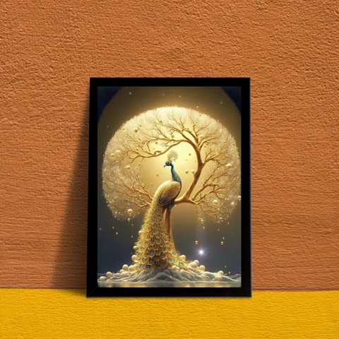 Quadro Decorativo Pavão Dourado 24x18cm:madeira Branca