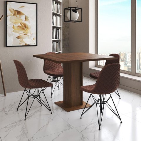 Mesa Jantar Londres Quadrada Amêndoa 90cm 4 Cadeiras Eames Estofadas Caramelo Ferro Preto