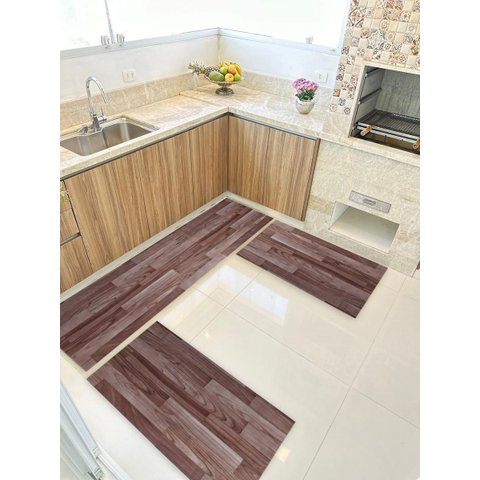 Kit 3 Peças Jogo Cozinha Passadeira Manta Vinilico Laminado Madeira Marrom Escuro