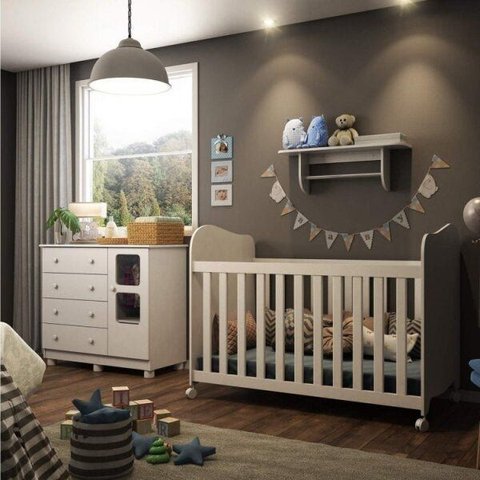 Quarto de Bebê Berço Cômoda com Janela e Prateleira 100% MDF Mimo Espresso Móveis Branco Brilho