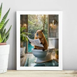 Quadro Capivara no Banheiro Lendo Jornal 24x18cm:madeira Branca - 1