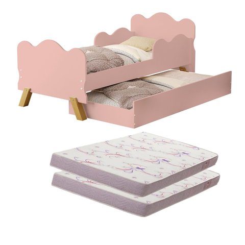 Mini Cama Infantil Juvenil Nuvem Angel Rosa Com Auxiliar De MDF  + 2 Colchões D18