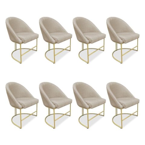 Kit 08 Cadeiras Poltrona de Jantar Bela Veludo Bege Base Metálica Industrial Dourado - Pallazio