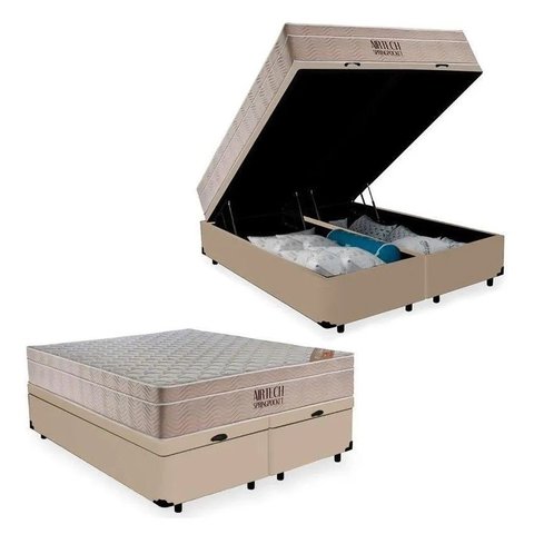 Cama Box Baú Casal Bipartido Bege Colchão Molas Ensacadas Airtech Springpocket 138x188 - Ortobom