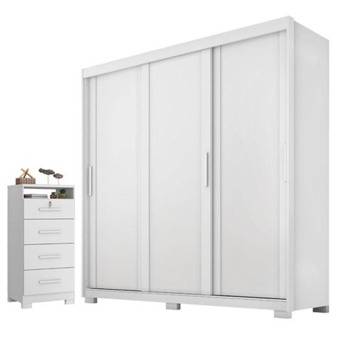 Guarda Roupa Casal Confort 3 Portas e Cômoda Primordial Max 4 Gavetas Branco Absoluto Semi Fosco-
