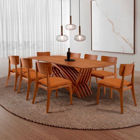 Conjunto Sala de Jantar Mesa Venus Tampo 220cm Laminado Barril e 8 Cadeiras Viena Gold