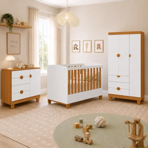 Conjunto Completo Apolo Berço Comoda Roupeiro 3 Portas Bebê - Branco Fosco/ Savana Fosco