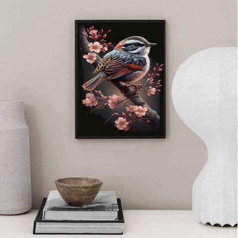 Quadro Arte Passarinho com Flores 45x34cm:moldura Preta