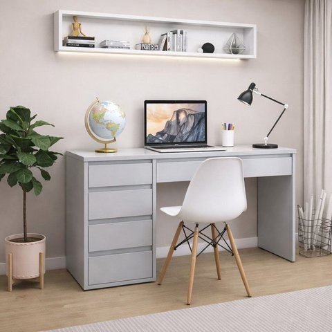 Conjunto Escritório 2 Peças Escrivaninha Mesa Berlim e Cadeira Eames Base de Madeira Yescasa Cinza/Off White/Branco