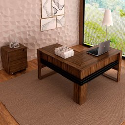 Conjunto Escritório Com Mesa em L e Gaveteiro Com Chave Cor: Nogal com Preto - 1