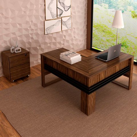 Conjunto Escritório Com Mesa em L e Gaveteiro Com Chave Cor: Nogal com Preto