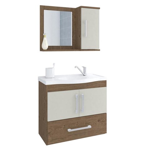 Gabinete de Banheiro com Cuba e Espelheira Atenas 65cm Amendoa/off White - Mgm