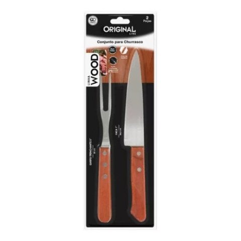 Kit Churrasco Jogo Garfo Faca De Madeira JJB Utilidades