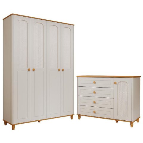 Jogo de Quarto Infantil Alfajor Guarda Roupa e Cômoda 1 Porta e 4 Gavetas Off White/nature - Permó