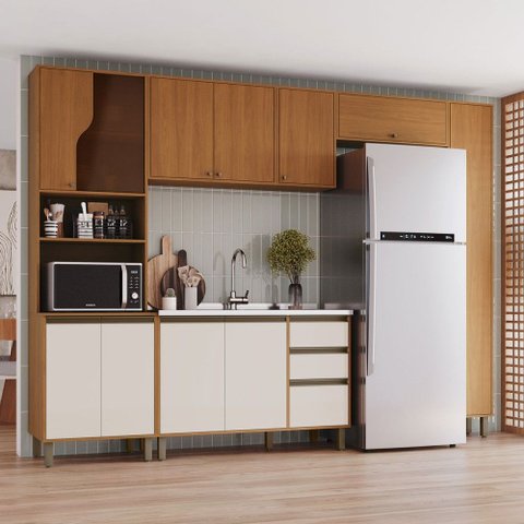 Cozinha Completa Venaly 12 Portas 2 Gavetas com Vidro Reflecta Cinamomo/Off White - Henn