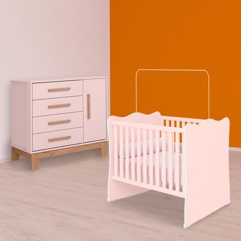 Conjunto Berço e Cômoda Sapateira Slim 1 Porta 4 Gavetas Rosa