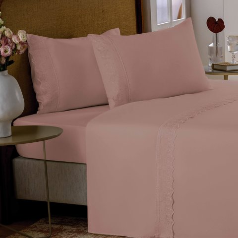 Jogo de Cama King Liso com Renda 4 Peças Rosê Exclusive