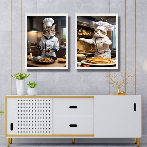 Kit 2 Quadros Cozinha Gatos Chefs 24x18cm:moldura Branca