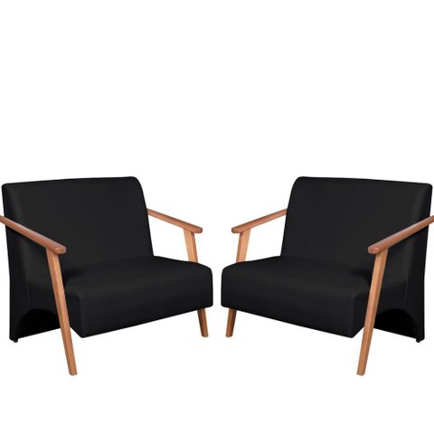 Kit 2 Poltronas Namoradeira Venus Braço Madeira Maciça Tecido Sintético Unidecor Preto