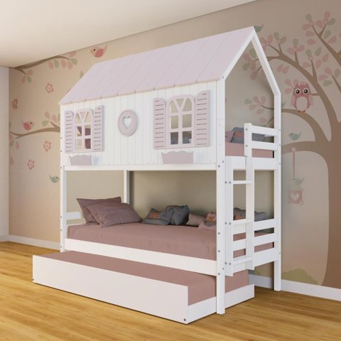 Treliche Casinha Bela com Coração - Madeira Maciça Branco/rosa | Megamobilia