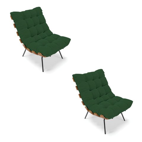 Kit 02 Poltronas Costela Veludo Verde Base Metálica Preto - D’Rossi