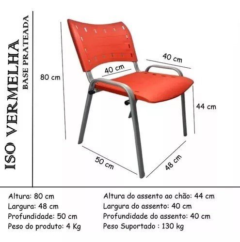 Kit Com 10 Cadeiras Iso Para Escola Escritório Comércio Vermelha Base Prata - 3