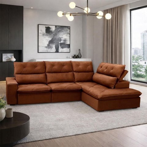 Sofá 3 Lugares Retrátil Reclinável Chaise Direito 258cm Bergen F04 Veludo Terracota - Lyam Decor
