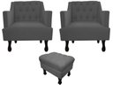 Ver imagem 1 de Kit 2 Poltronas Decorativa Julia + Puff Luis Xv Suede Cinza Pés Madeira Ms Decor