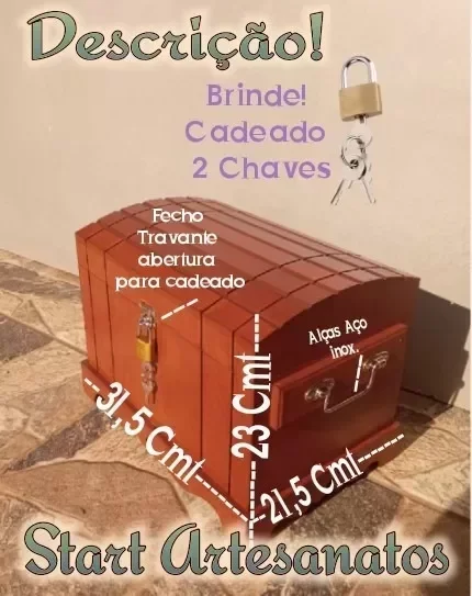 Caixa Grande Com Alça Baú Madeira Mdf Natural Cru + Cadeado - 5